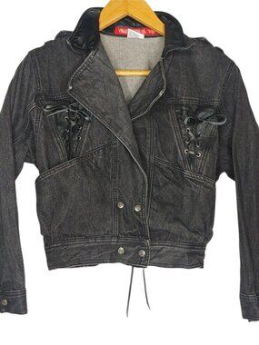 Vintage 1980s Paris Express Denim Jacket Small Snap V Neck Retro Lace Up Crop